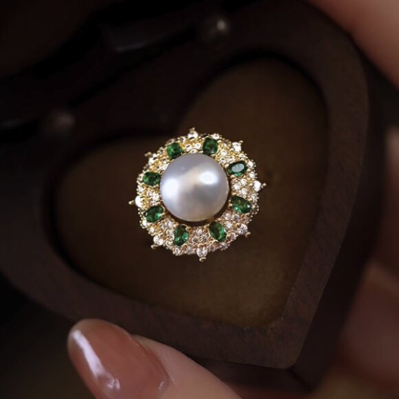 ✨ REGAL Freshwater Pearl Ring - Emerald Green & CZ Halo Adjustable! - Picture 5 of 5